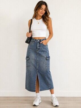 BURU N JUDY Denim Cargo Midi Skirt Blue Utility Y2K Korean Size S / US 4